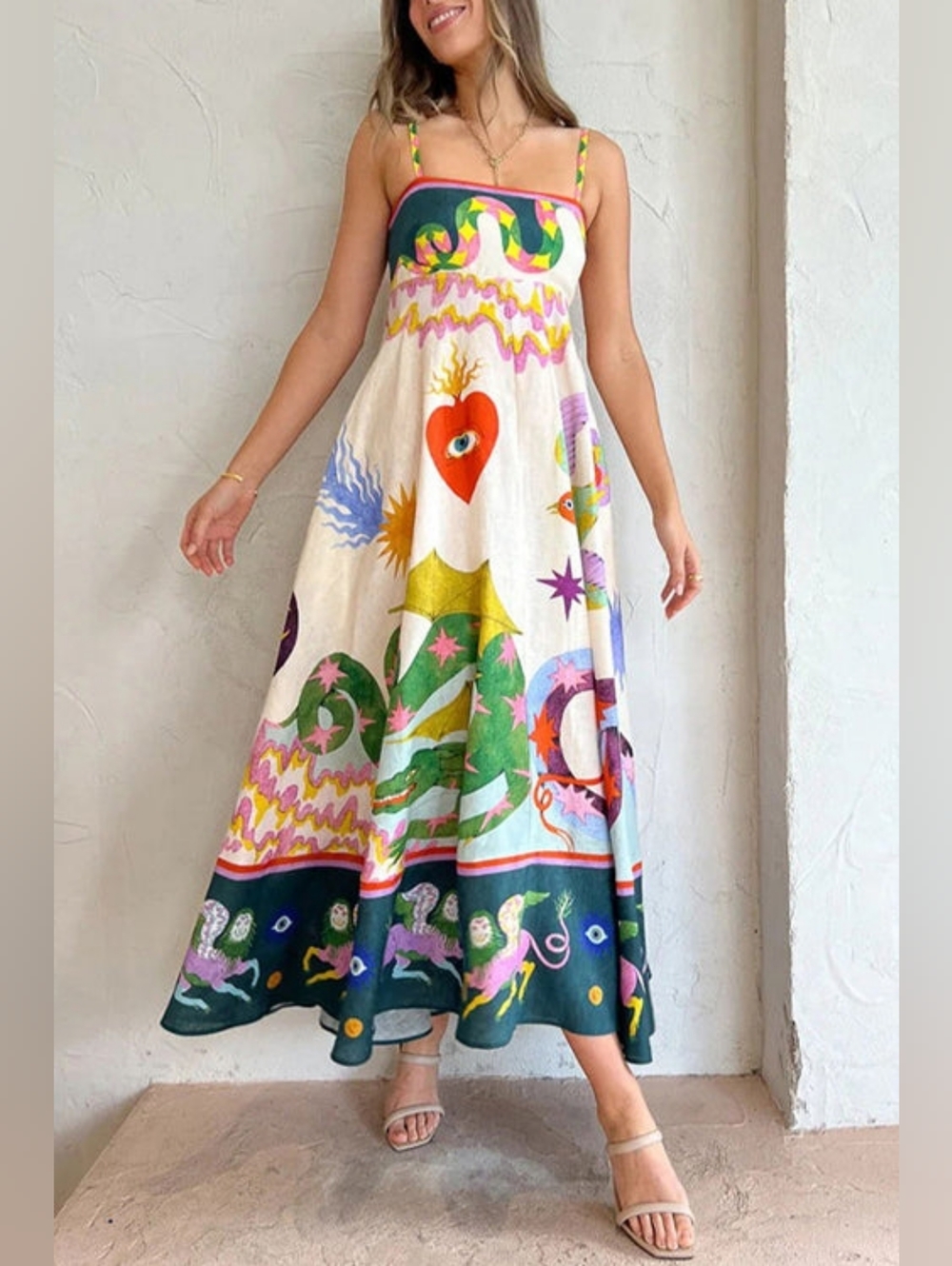 Women's 2026 New Casual Linen Print Long Dress, Suspender Style Wide Swing Dress - Picture 3 of 4